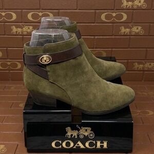 Coach Olive Green Suede Ankle Boots with Brown Strap and Gold Hardware